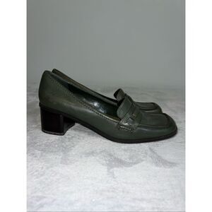 Vintage Green Leather Block Heel Chunky Loafers 7.5
